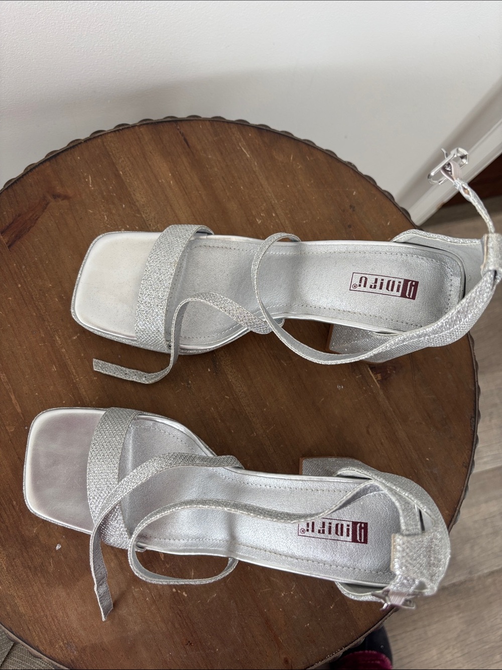 b.o.c. Silver Glitter Strappy Block Heel Sandals with Ankle Wrap